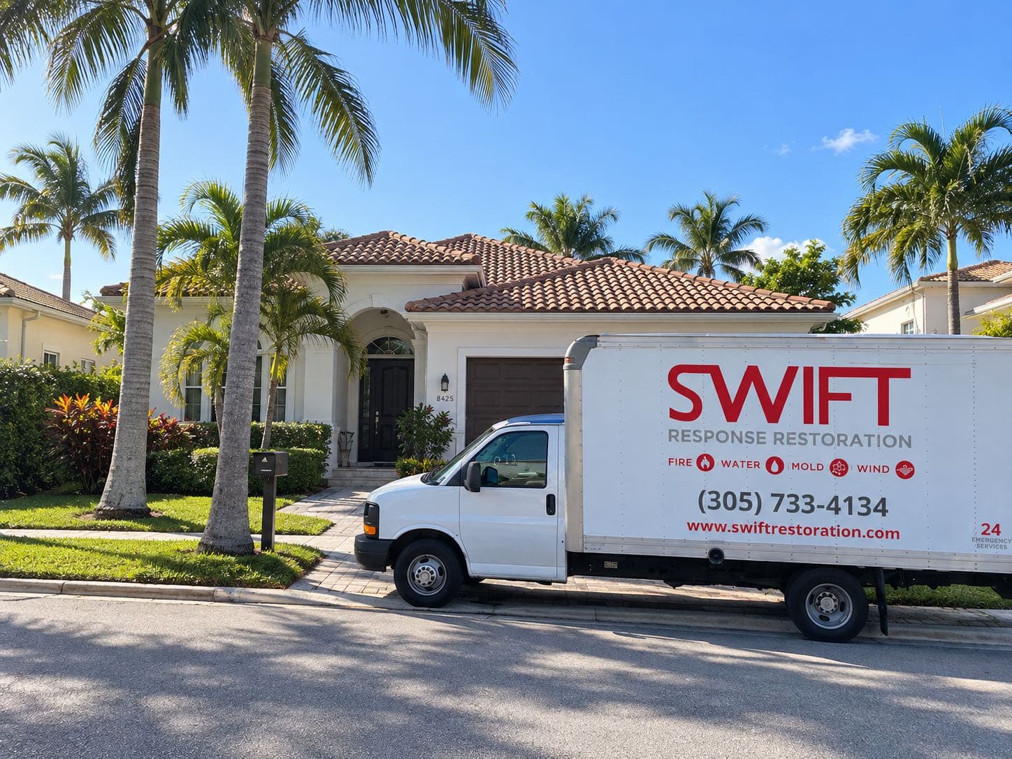 Swift Response Restoration box truck parked outside a Miami home on an emergency call