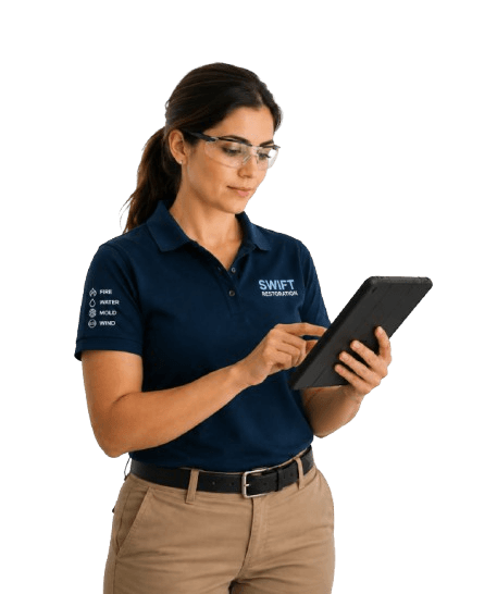 Swift Restoration technician in a branded polo documenting a fire damage job on a tablet