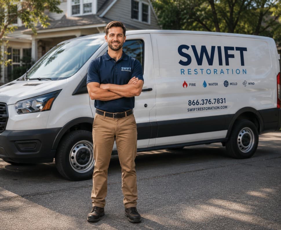 Swift Restoration technician in a branded polo standing in front of a Swift Restoration service van