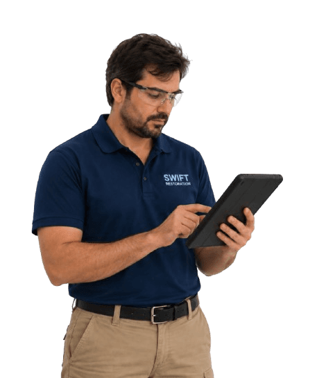 Swift Restoration technician in a branded polo documenting a job on a tablet