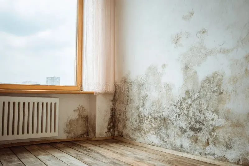 Black mold spreading across a wall corner near a window
